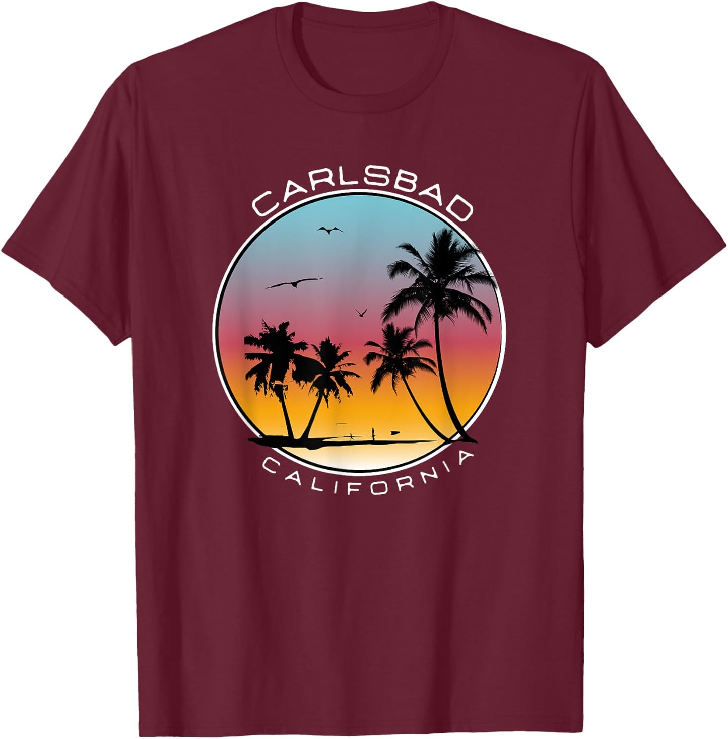 Carlsbad California Sunset Palm Tree T-Shirt - T-Shirt | Maroon