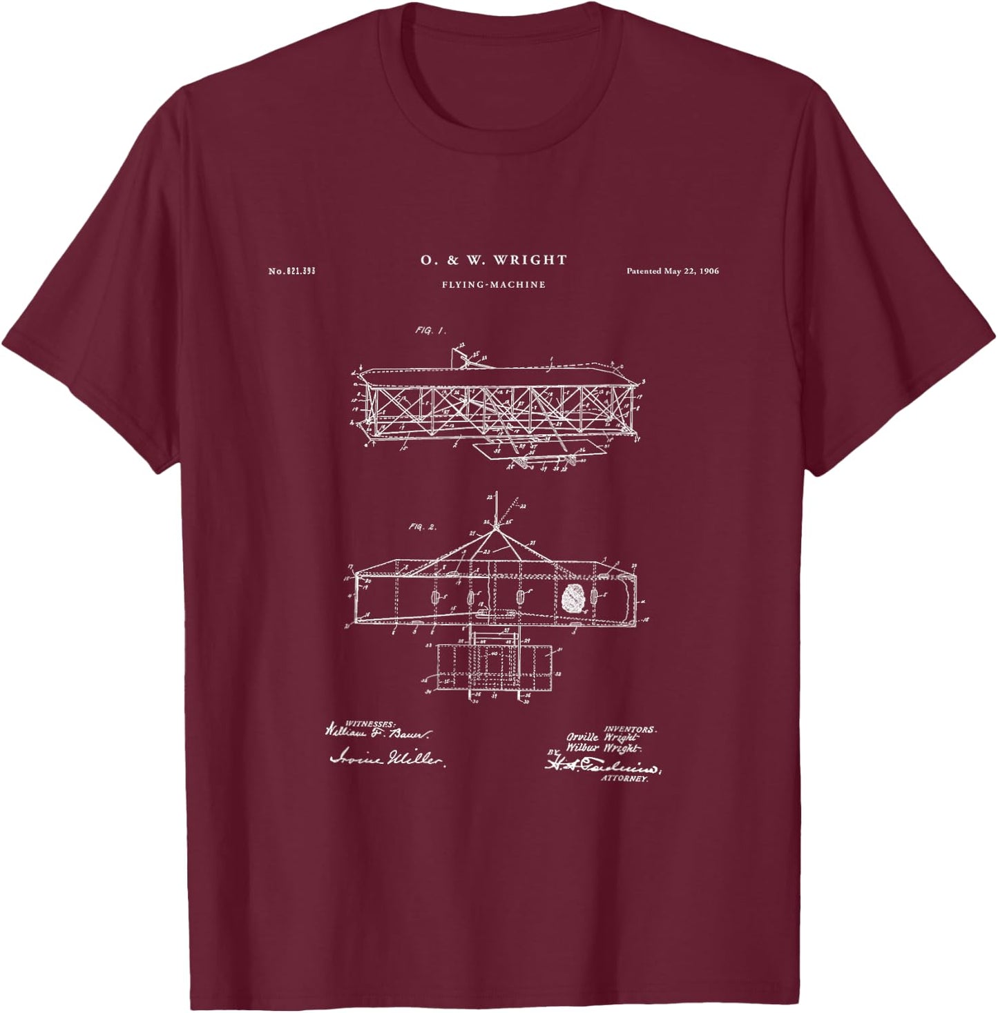 Patent Wright Brothers Patent - -Adults, Black, Small, Short Sleeve T-Shirt - T-Shirt | Maroon
