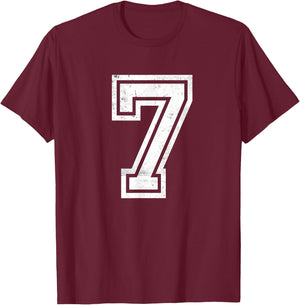 Number #7 Sport White Varsity Number T-Shirt - T-Shirt | Maroon