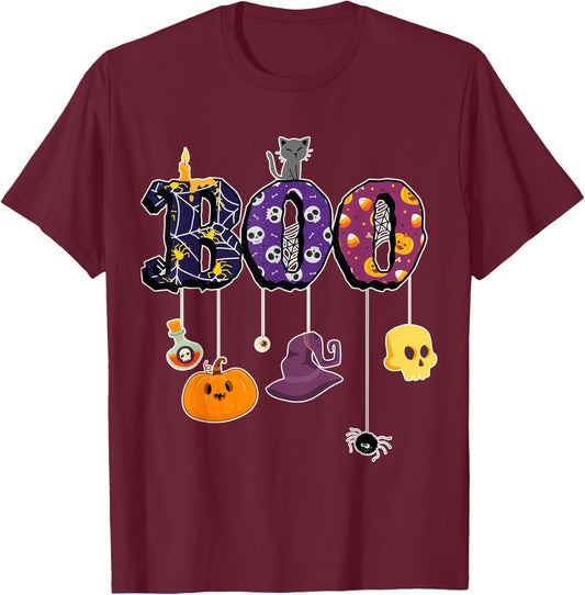 Boo Halloween Costume Spiders, Ghosts, Pumkin & Witch Hat T-Shirt - T-Shirt | Maroon