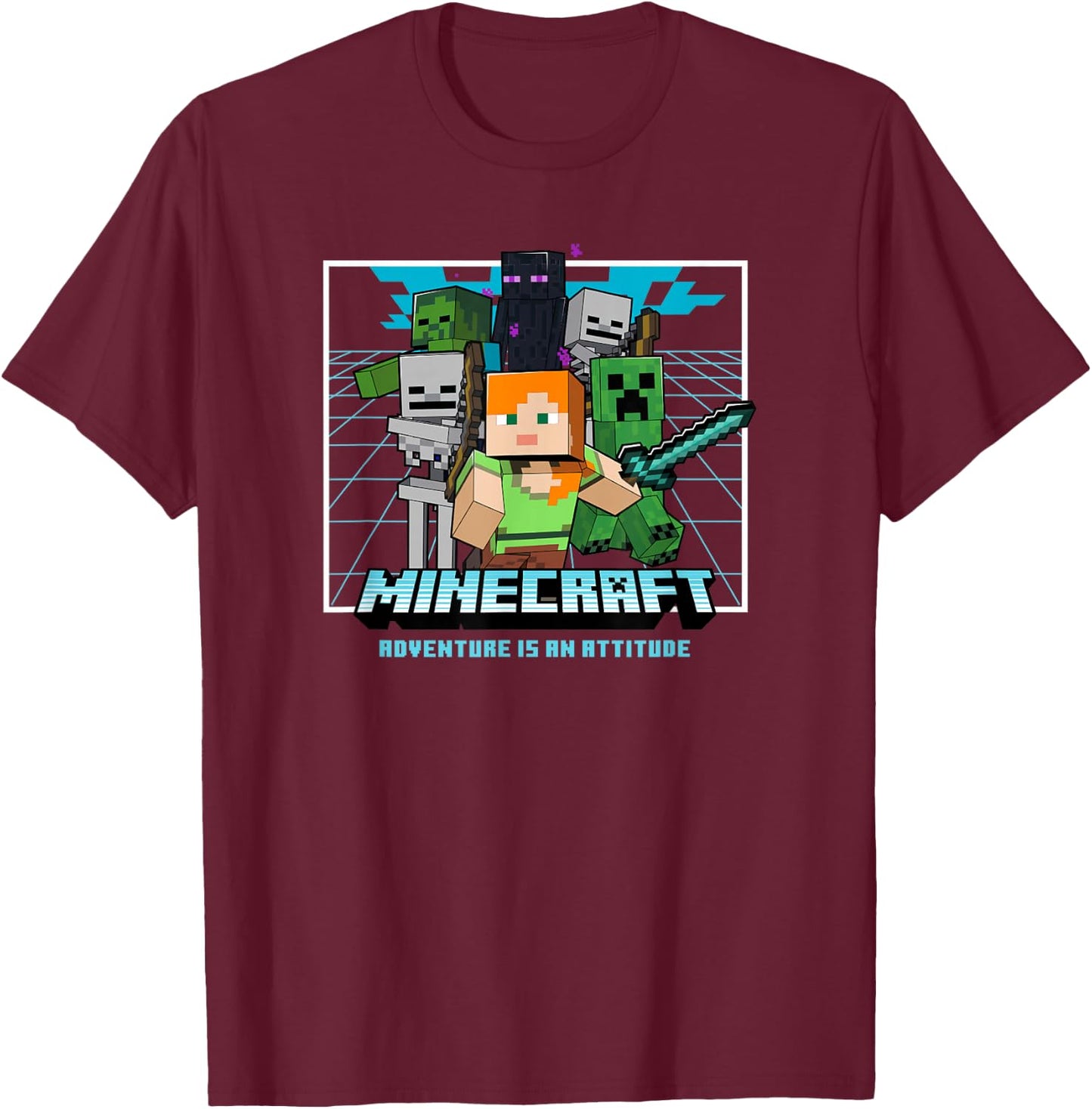 Minecraft Group Shot Action Pose Adventure T-Shirt - T-Shirt | Maroon