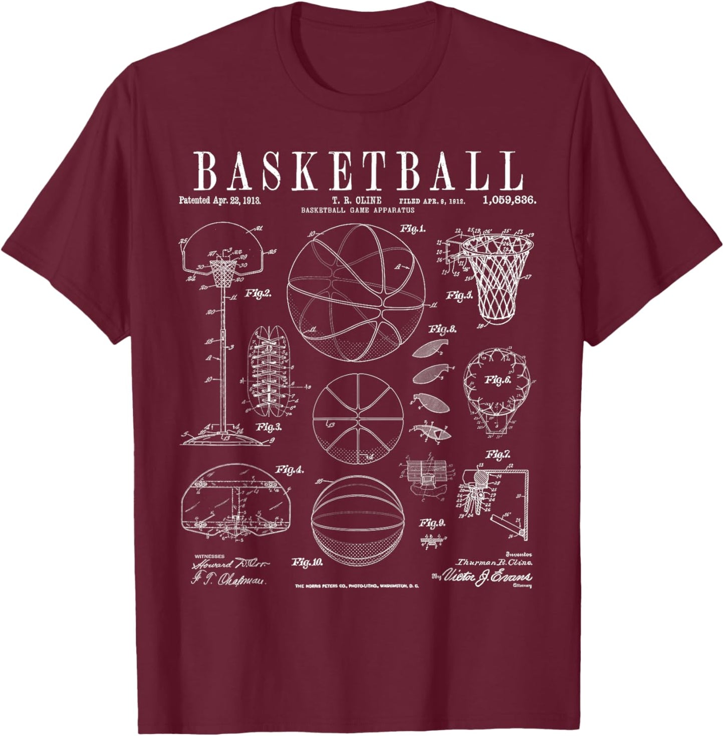 Basketball Old Vintage Patent Drawing Print T-Shirt - T-Shirt | Maroon