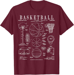 Basketball Old Vintage Patent Drawing Print T-Shirt - T-Shirt | Maroon