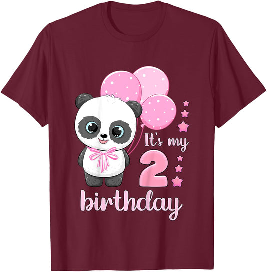 Girl 2 Year Old, Panda, Pink Balloons, It's My 2nd Birthday T-Shirt - T-Shirt | Maroon