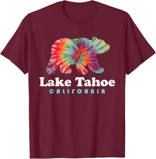 Lake Tahoe California Bear Tie Dye Hippie CA T-Shirt - T-Shirt | Maroon