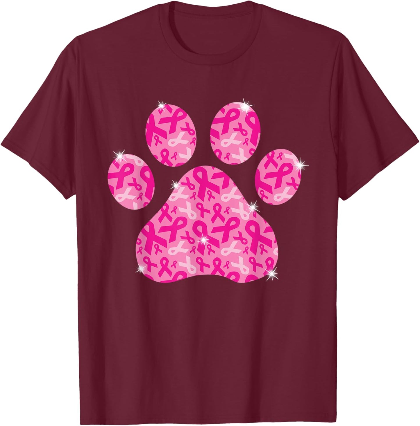 Dog Paw Print Pink Ribbon Breast Cancer Awareness Survivor T-Shirt - T-Shirt | Maroon