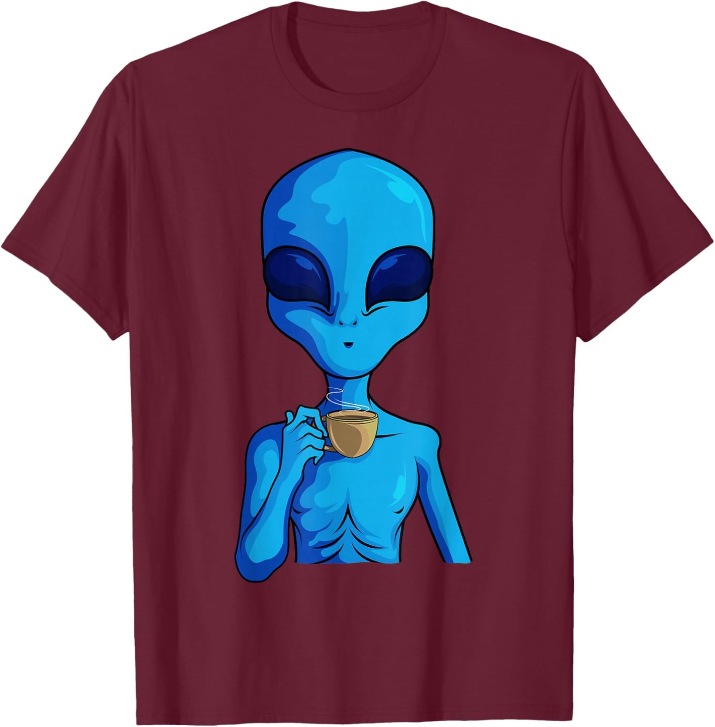 Funny Coffee Drinking Extraterrestrial Space Blue Alien T-Shirt - T-Shirt | Maroon