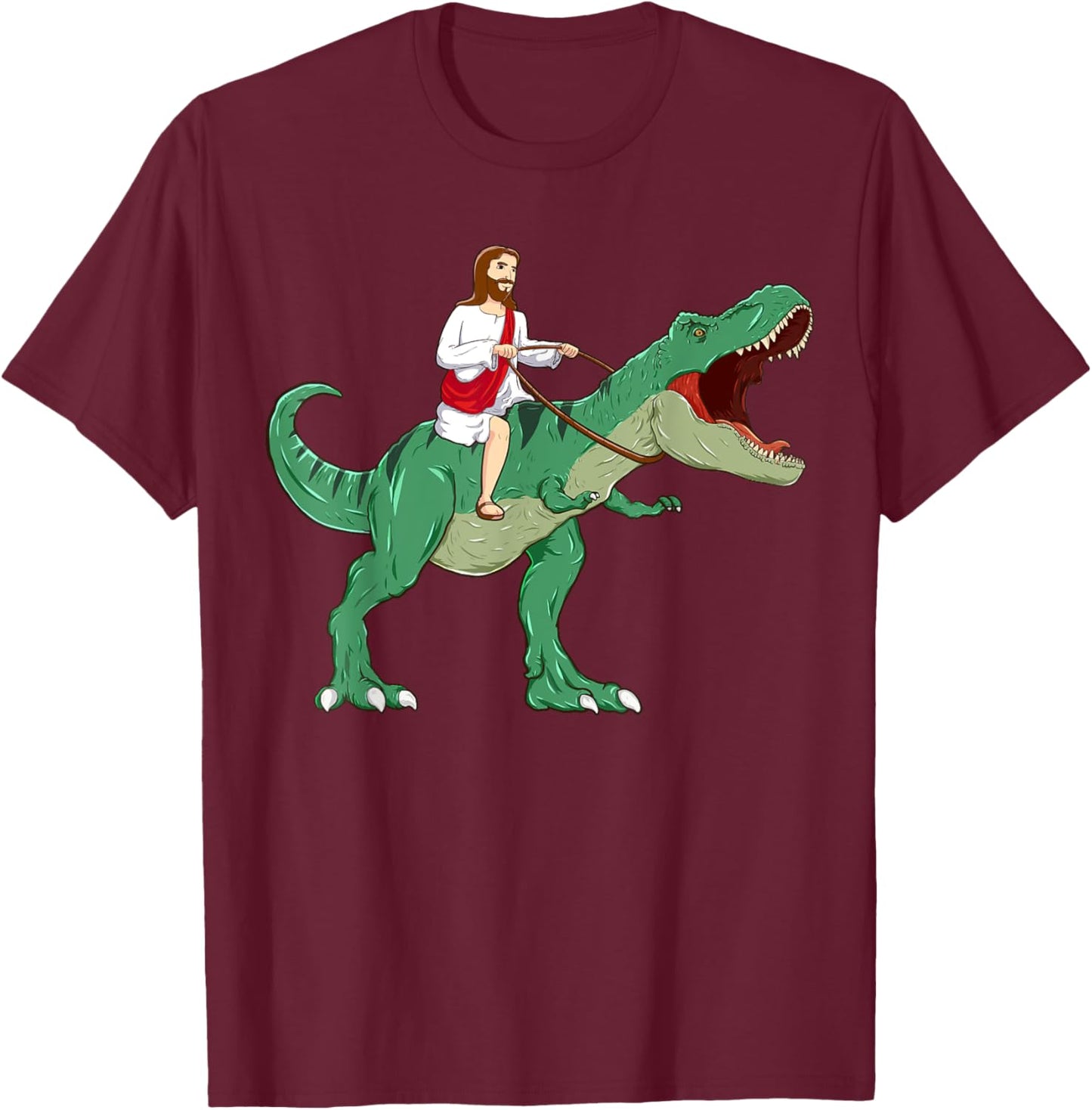 Funny Parody Jesus Riding Dinosaur Meme Dino Lover Believer T-Shirt - T-Shirt | Maroon