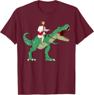 Funny Parody Jesus Riding Dinosaur Meme Dino Lover Believer T-Shirt - T-Shirt | Maroon