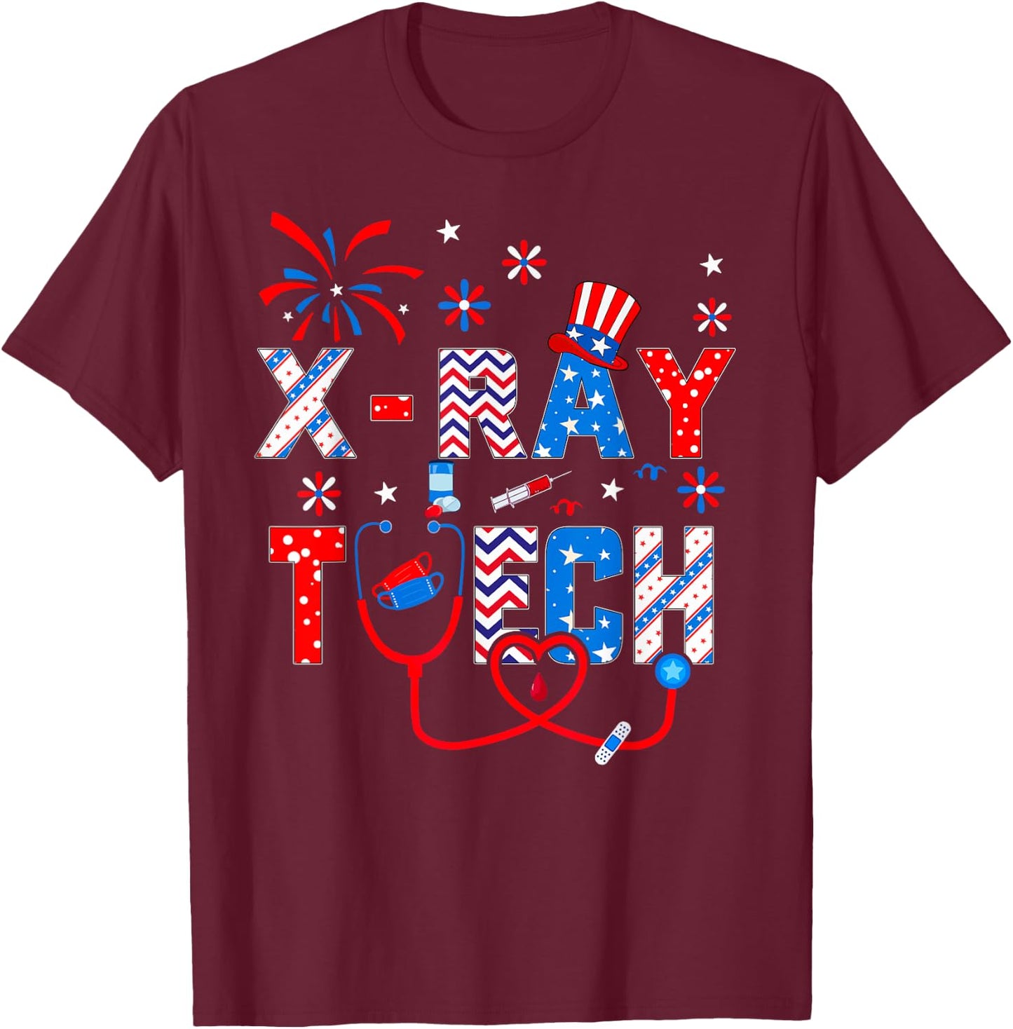 4th Of July Shirt Stethoscope Patriotic X-ray Tech T-Shirt - T-Shirt | Maroon