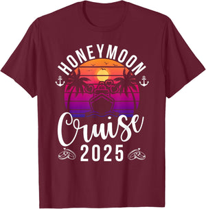 Honeymoon Cruise 2025 , Adult, Short Sleeve, Black, X-Small, , Tropical, Retro, Honeymoon, Couples, Anniversary, Travelers T-Shirt - T-Shirt | Maroon