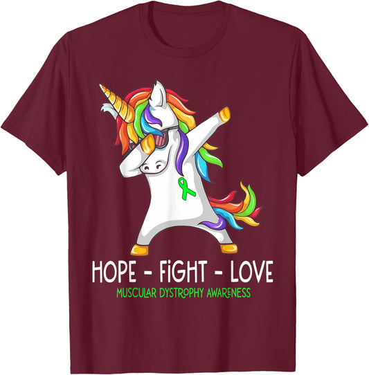 Unicorn Dabbing Hope Fight Love Muscular Dystrophy Awareness T-Shirt - T-Shirt | Maroon