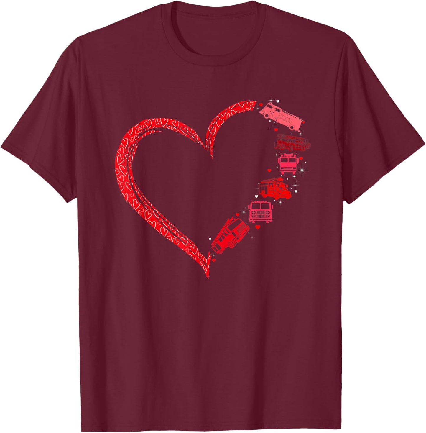 Firefighter Heart Matching Fire Trucks Design Valentines Day T-Shirt - T-Shirt | Maroon