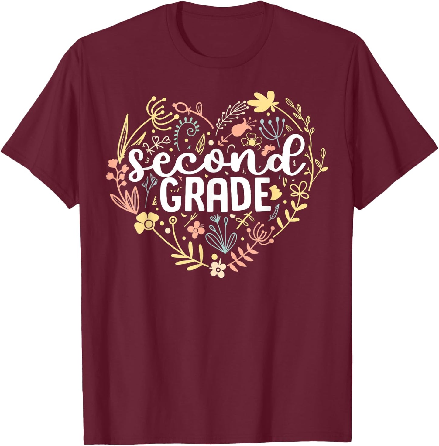 2nd Second Grade Floral Heart Back To School Teacher Girls T-Shirt - T-Shirt | Maroon