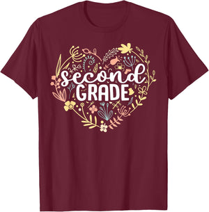 2nd Second Grade Floral Heart Back To School Teacher Girls T-Shirt - T-Shirt | Maroon