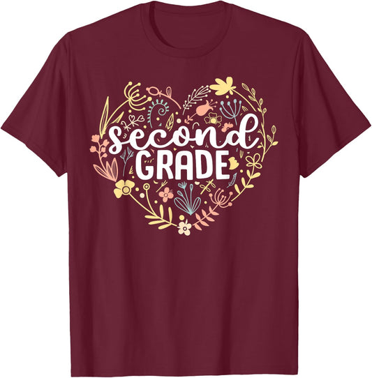2nd Second Grade Floral Heart Back To School Teacher Girls T-Shirt - T-Shirt | Maroon