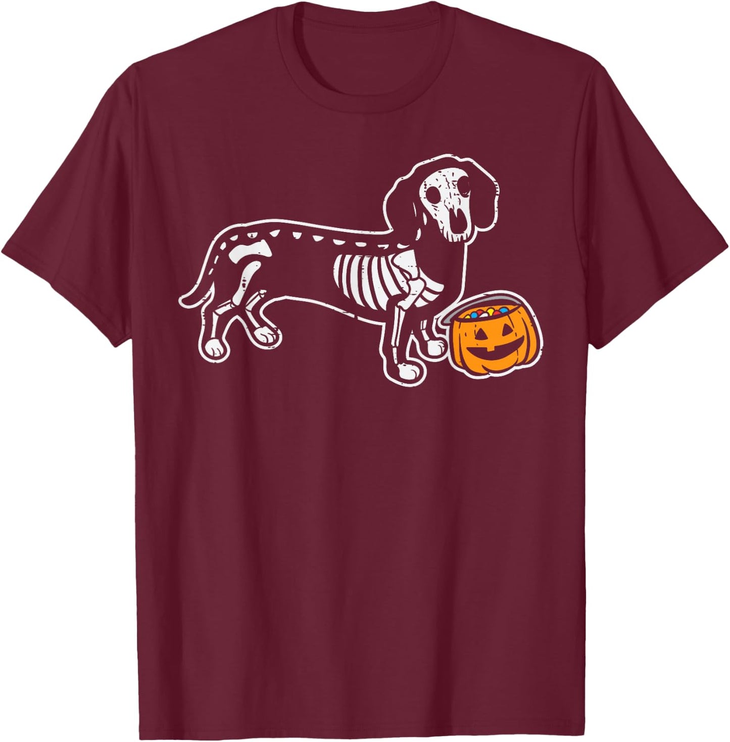 Dachshund Skeleton Jack O Lantern Funny Halloween Wiener Dog T-Shirt - T-Shirt | Maroon