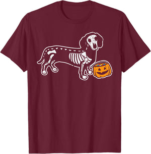 Dachshund Skeleton Jack O Lantern Funny Halloween Wiener Dog T-Shirt - T-Shirt | Maroon