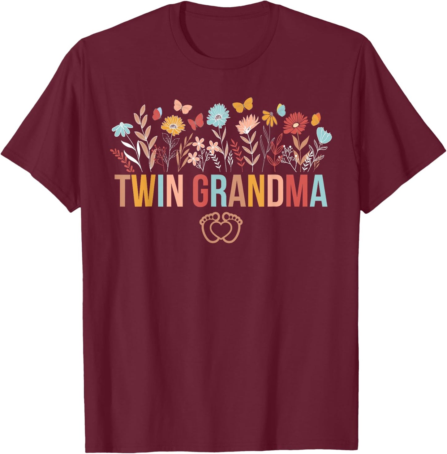 Twin Grandma Flowers Twin Grandmother Of Twins T-Shirt - T-Shirt | Maroon