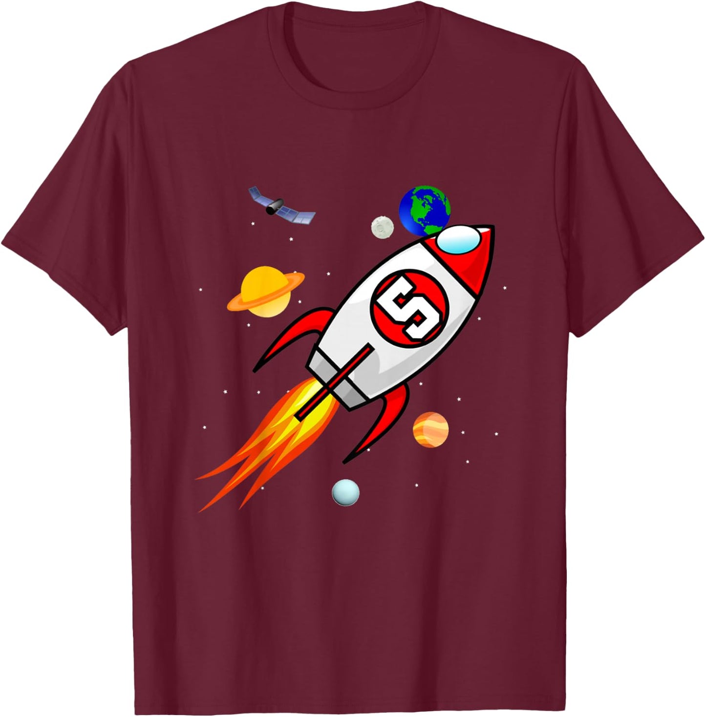 5 Year Old Spaceship Rocket Birthday Astronaut Girl Boy Gift T-Shirt - T-Shirt | Maroon