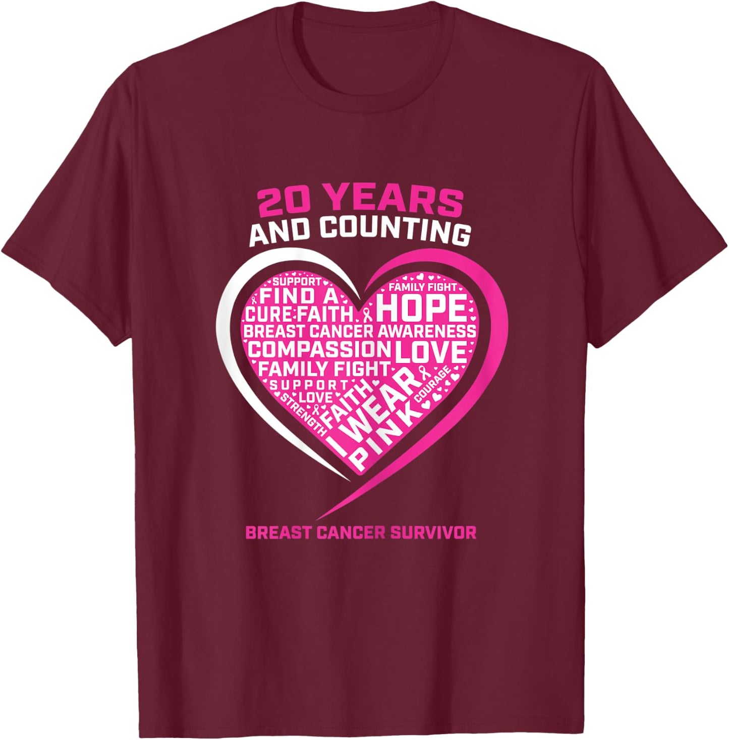 20 Year Cancer Free Breast Cancer Survivor Awareness Graphic T-Shirt - T-Shirt | Maroon
