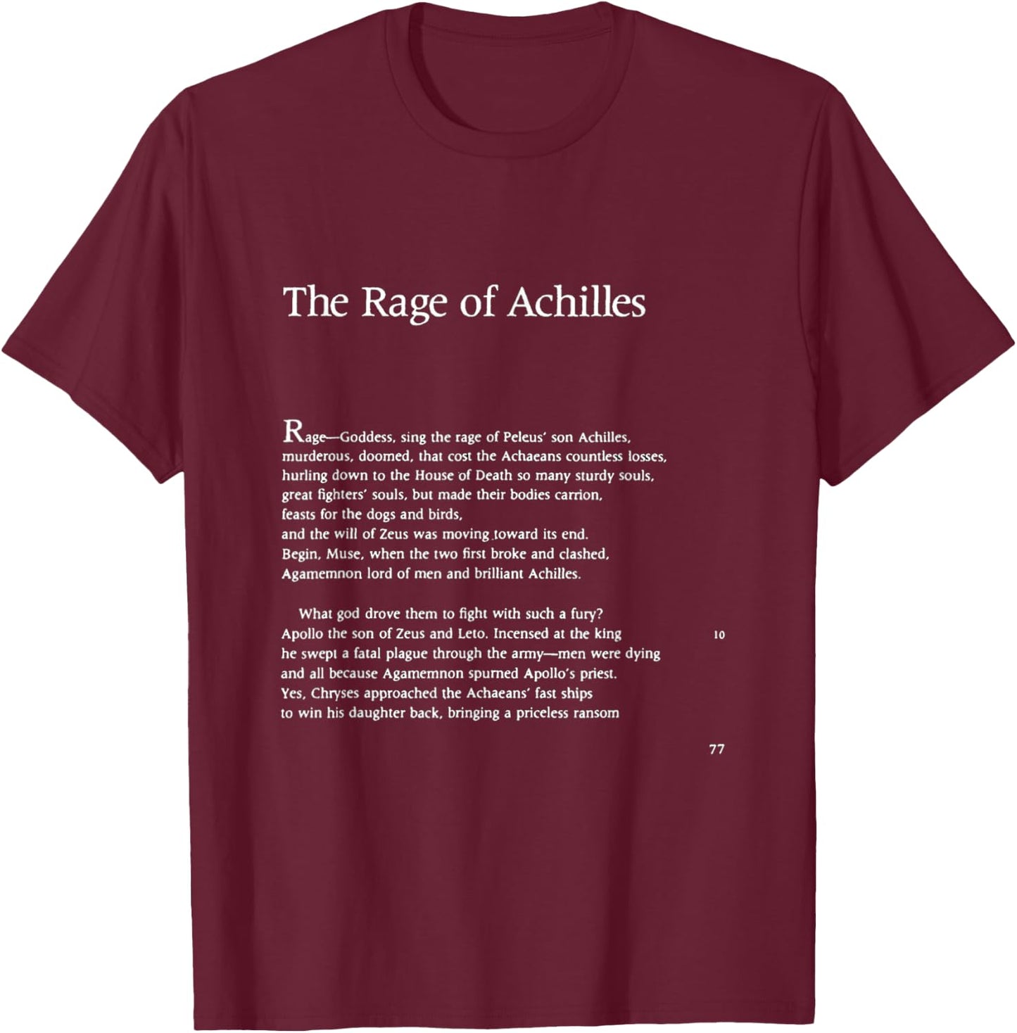 buy the book The Iliad Homer First Page The Rage of Achilles Adult Classic Fit Black Cotton Polyester T-Shirt - T-Shirt | Maroon