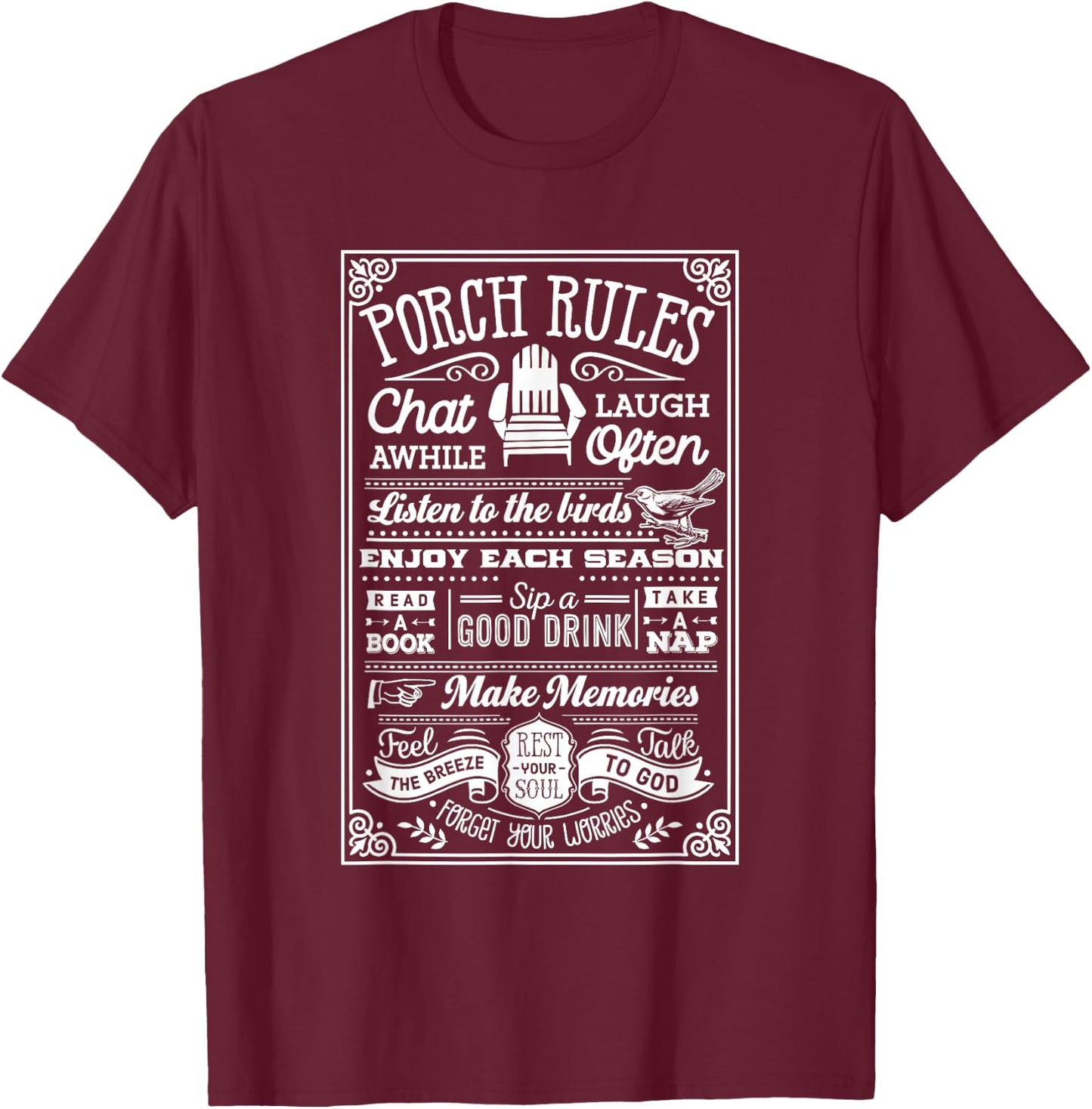 Camping, Outdoors Porch Rules Party Apparel T-Shirt - T-Shirt | Maroon