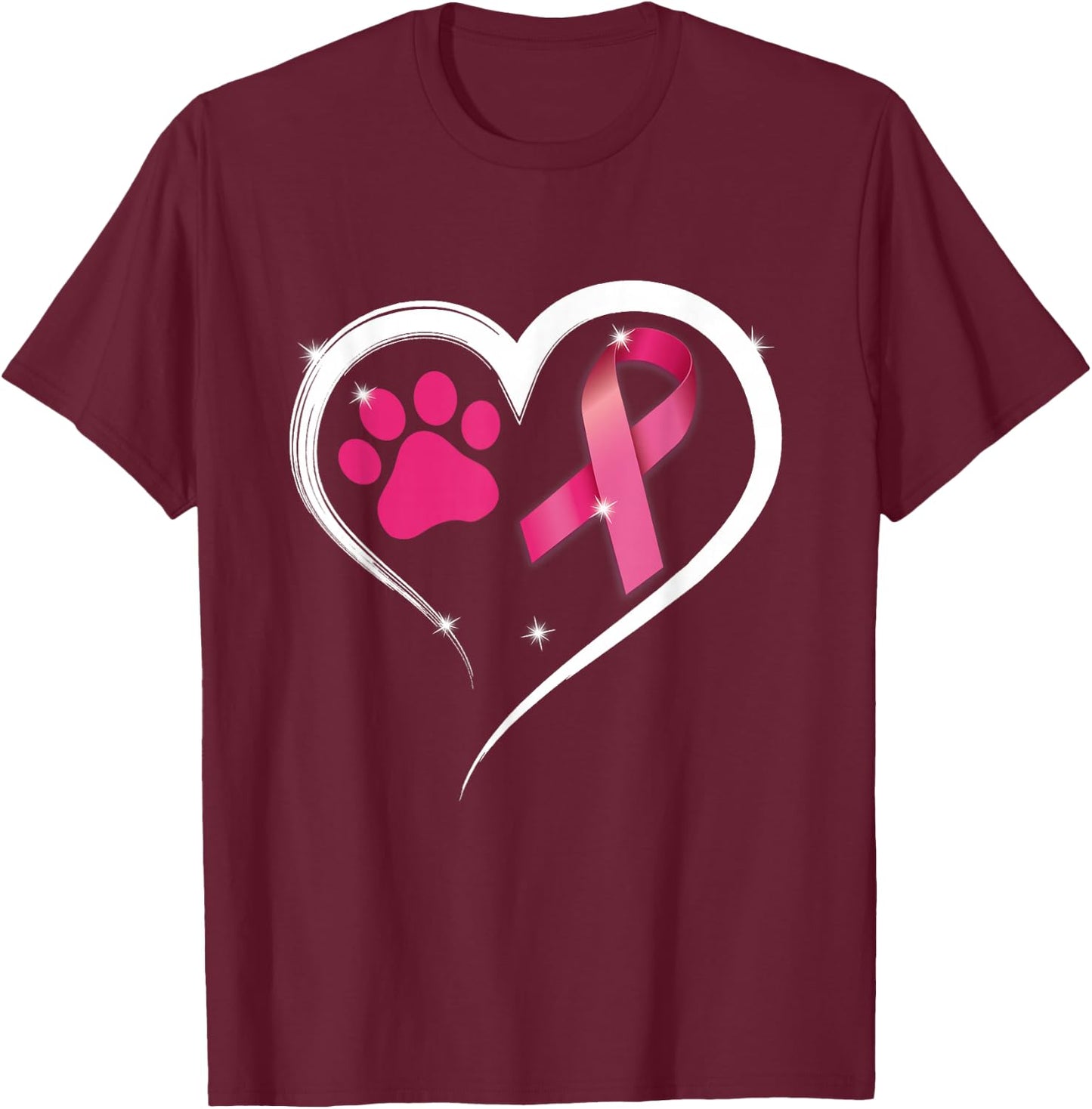 Heart Dog Paw Print Pink Ribbon Breast Cancer Awareness T-Shirt - T-Shirt | Maroon