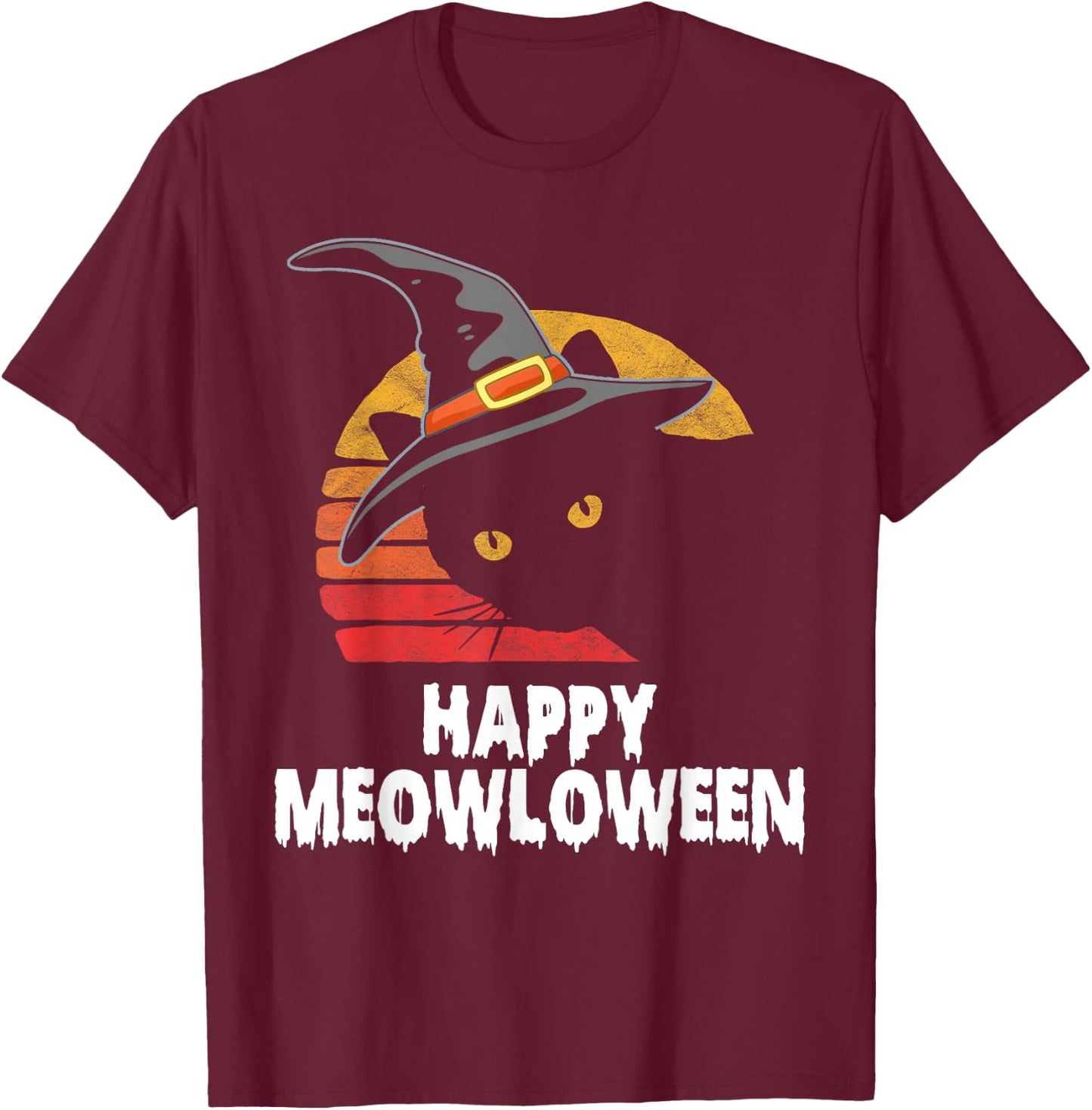 Happy Meowloween! Funny Cat Witch's Hat Halloween 80s Sunset T-Shirt - T-Shirt | Maroon