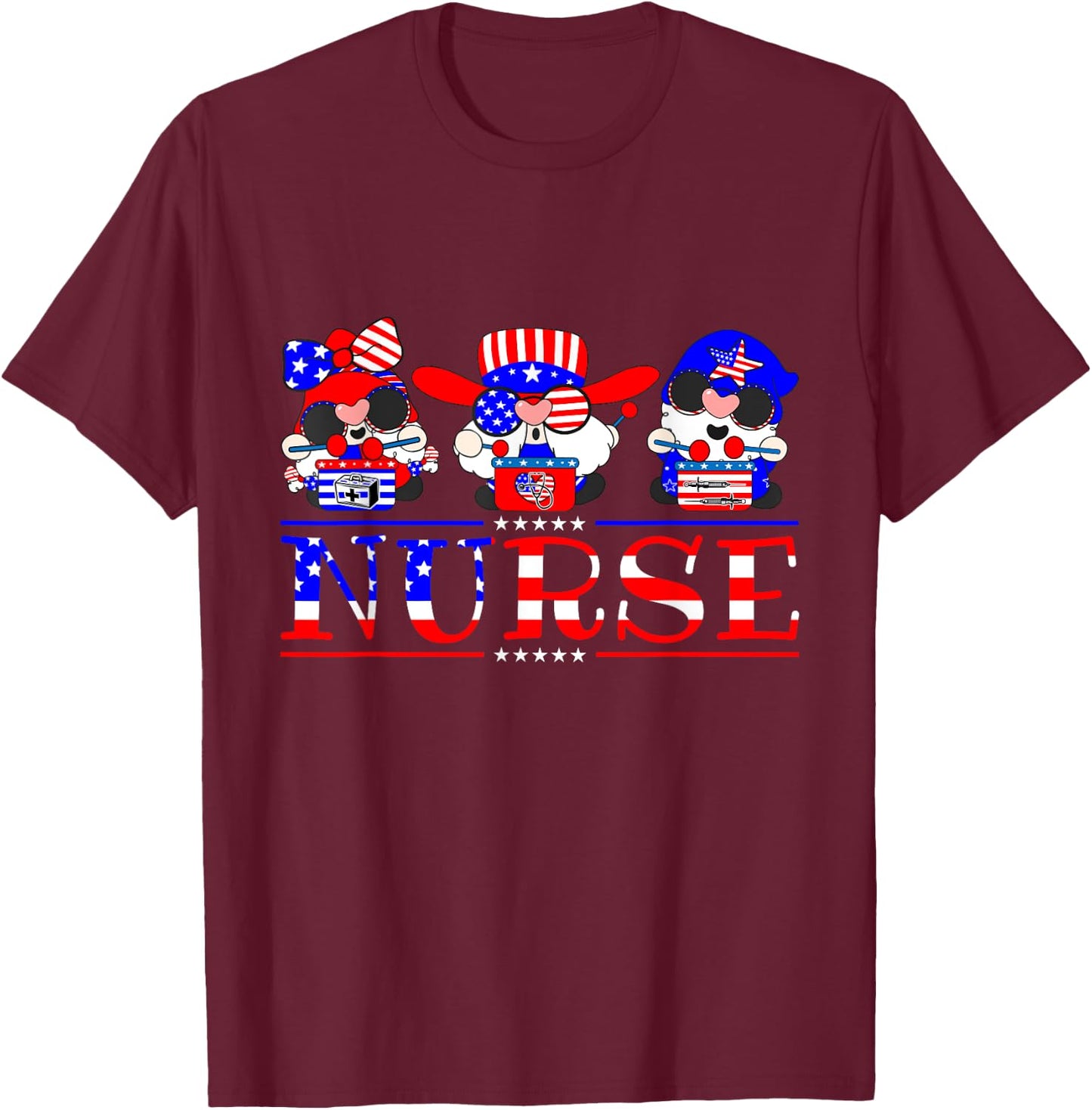 Nurse Gnomies 4th Of July Cute Gnome Nursing RN Memorial Day T-Shirt - T-Shirt | Maroon