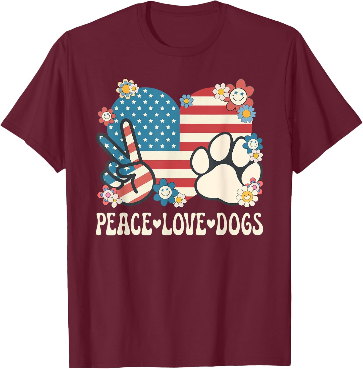 Peace Love Dogs American Flag Patriotic Dog Lover Retro Dog T-Shirt - T-Shirt | Maroon