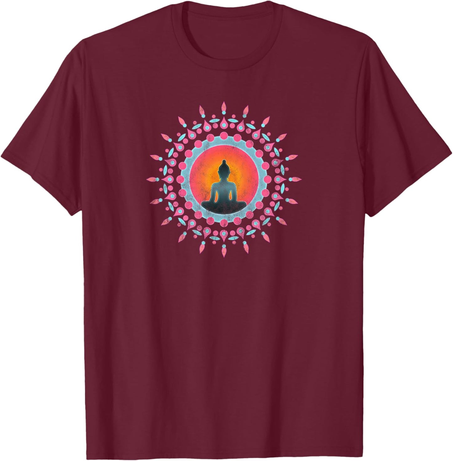 Buddha Meditation Sun Flower Mandala Buddhism Yoga Symbol T-Shirt - T-Shirt | Maroon
