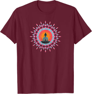 Buddha Meditation Sun Flower Mandala Buddhism Yoga Symbol T-Shirt - T-Shirt | Maroon