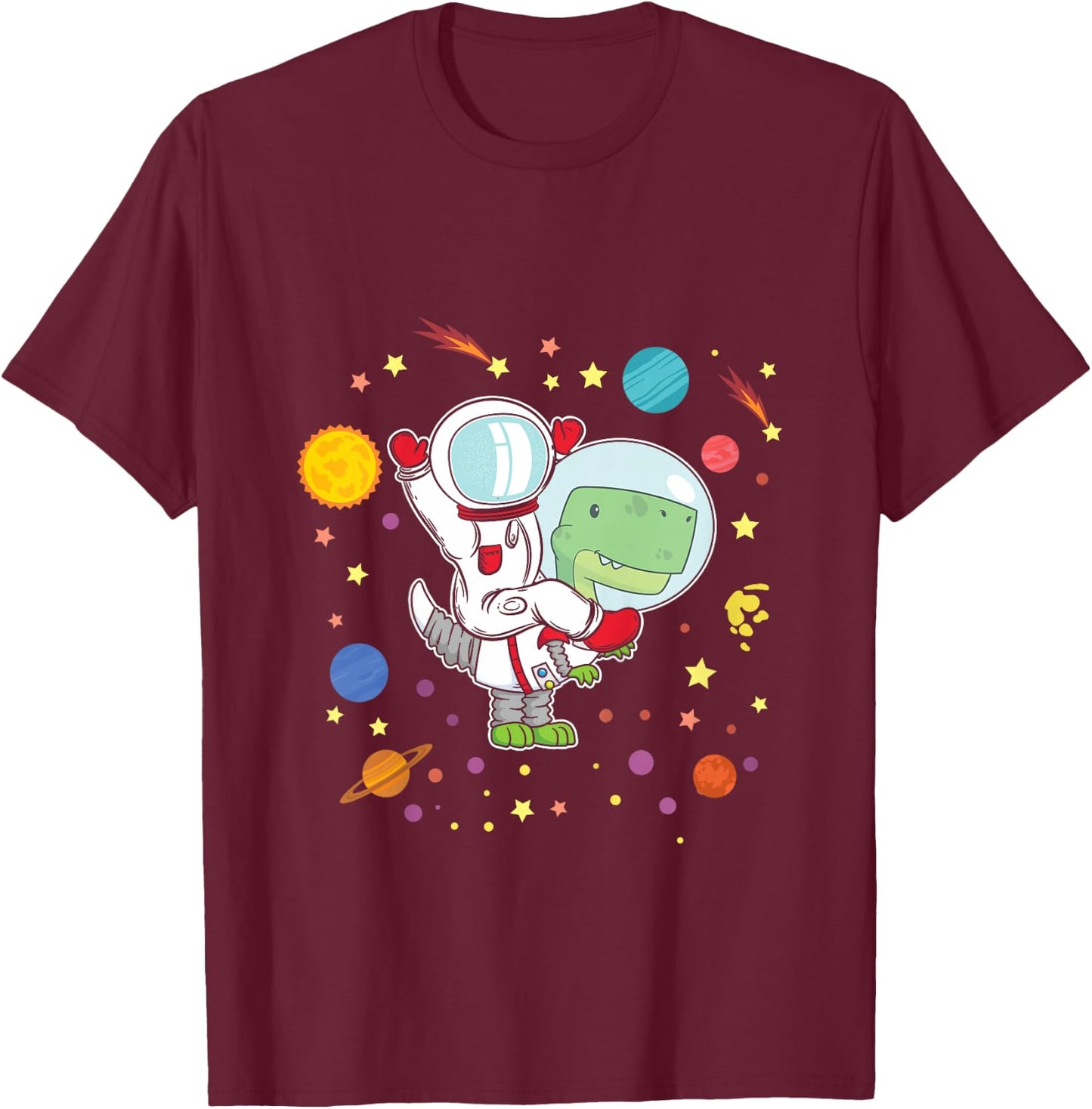 Astronaut T-Rex Dinosaurs Spaceman Dino Space Solar System T-Shirt - T-Shirt | Maroon