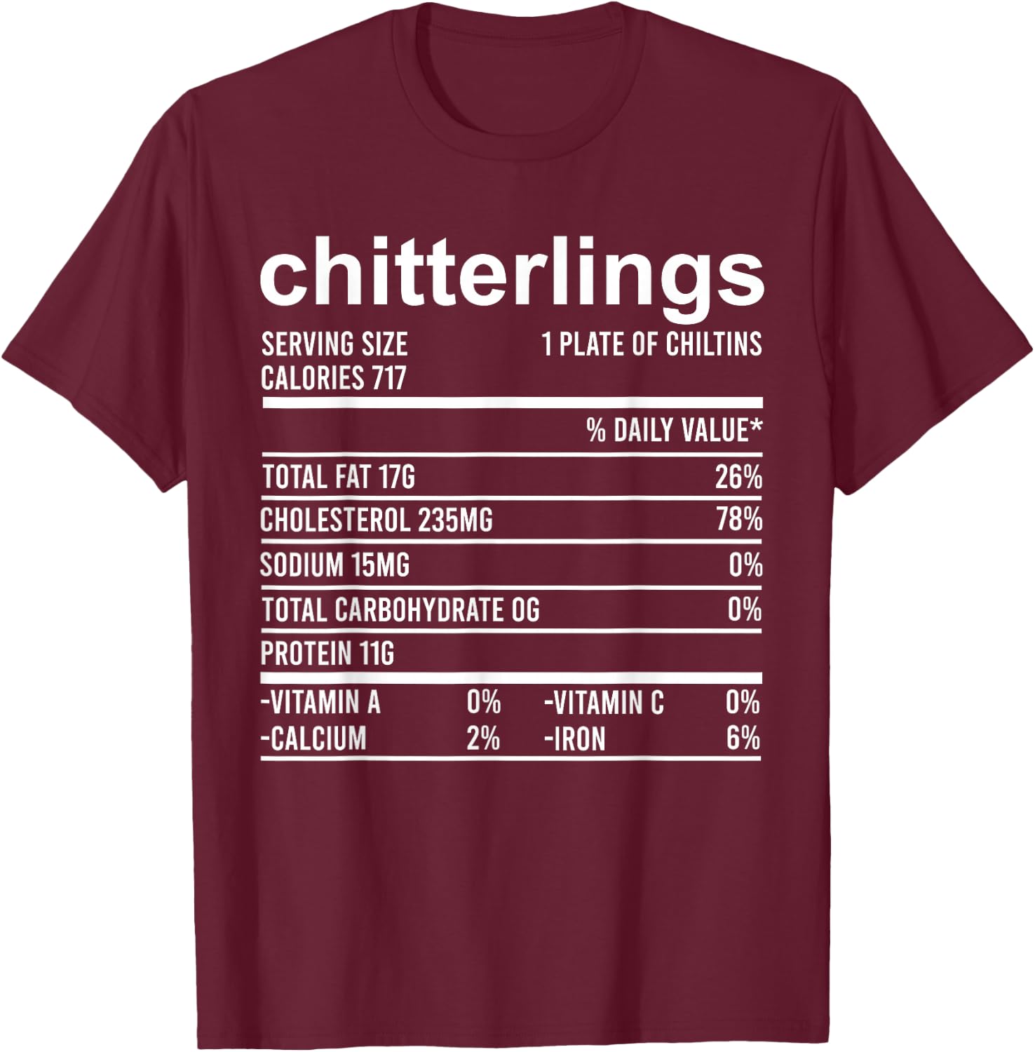 Funny Thanksgiving Apparel, Nutrition Fact Chitterlings Food T-Shirt - T-Shirt | Maroon