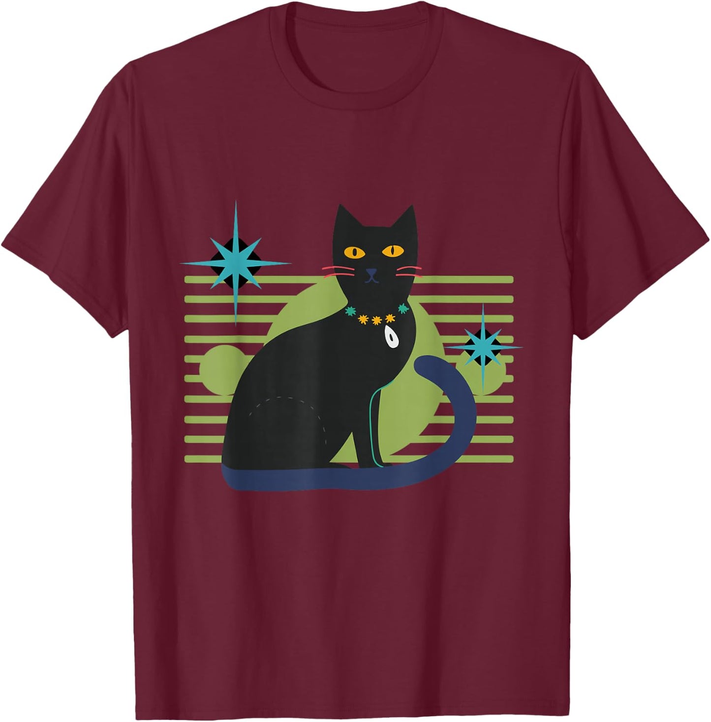 Cat Midcentury Atomic Age Retro Geometric Mid Century Feline T-Shirt - T-Shirt | Maroon