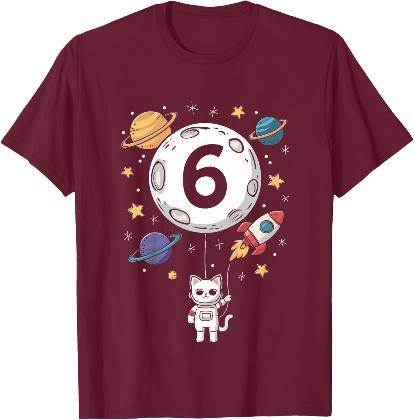 Kids 6 Year Old Birthday Cat Astronaut 6th Birthday T-Shirt - T-Shirt | Maroon