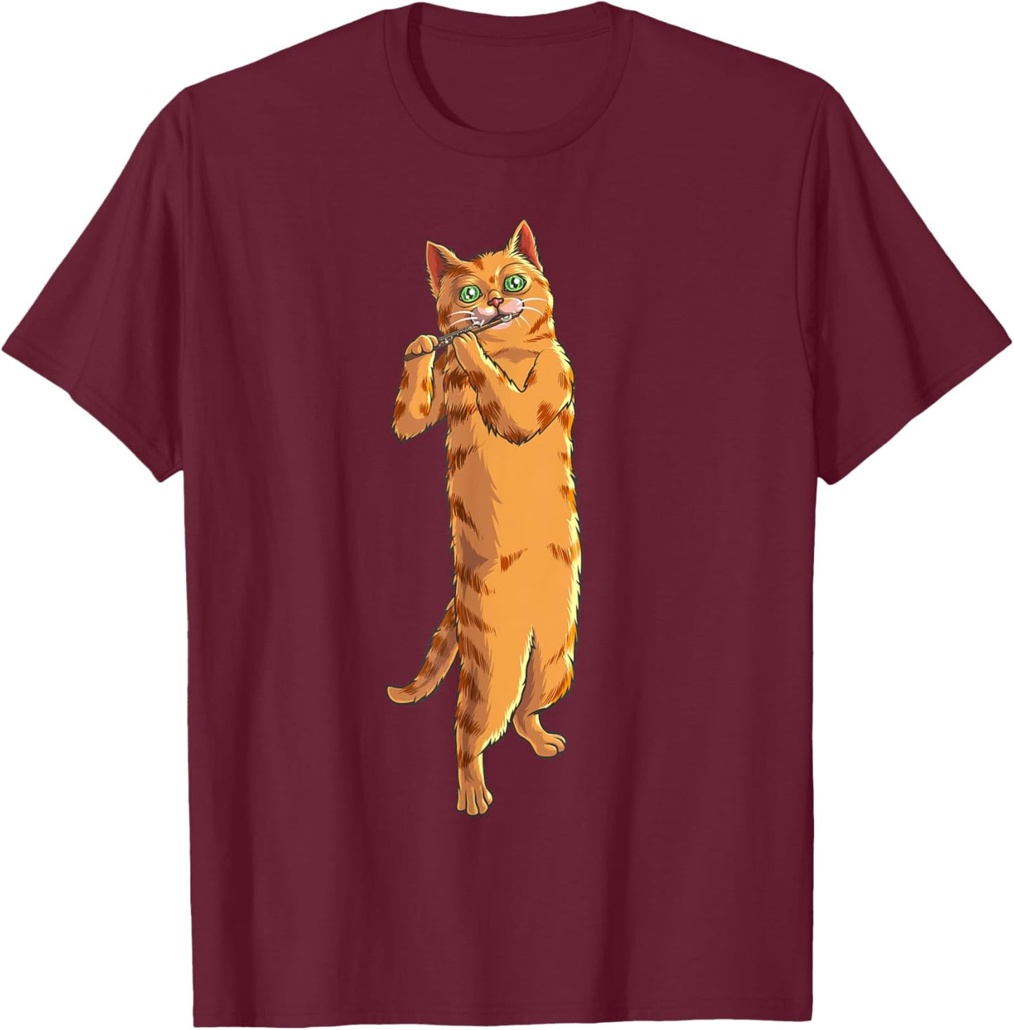 Funny Cat Playing Piccolo | Cool Animal Musician Love Gift Women Girls Kids T-Shirt - T-Shirt | Maroon