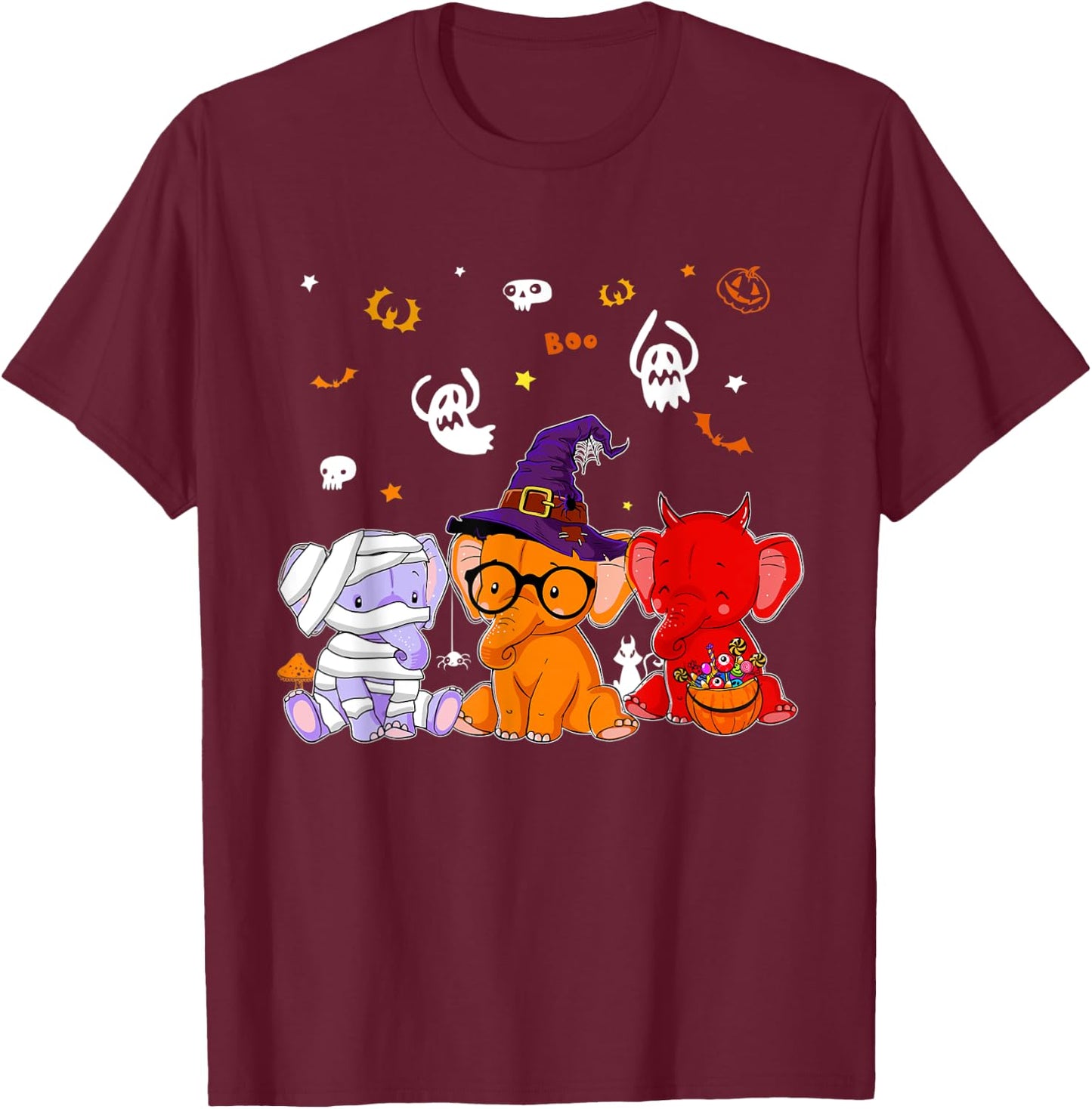 Cute Elephants In Mummy Wicked Witches Devil Halloween T-Shirt - T-Shirt | Maroon