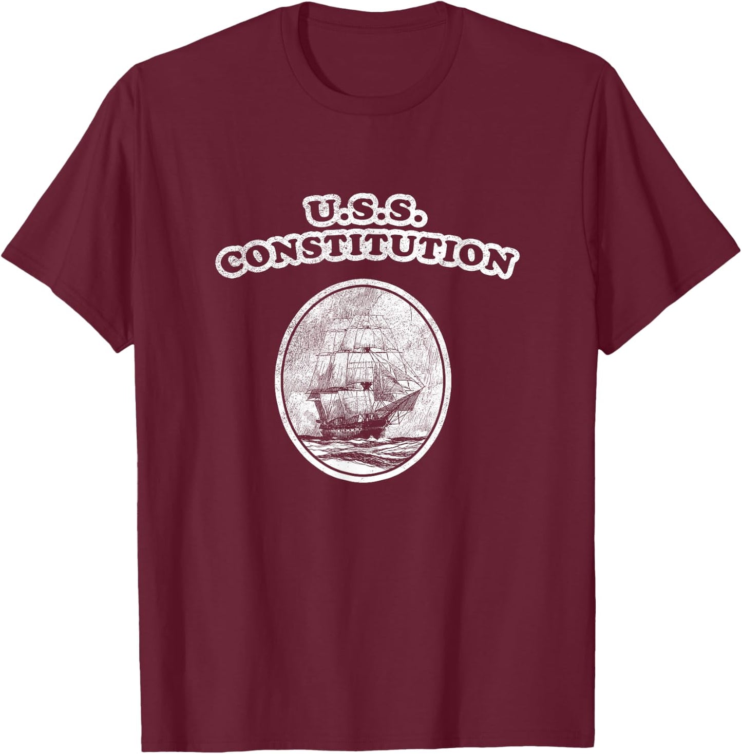 Retro USS Constitution Design by Turbo Volcano T-Shirt - T-Shirt | Maroon