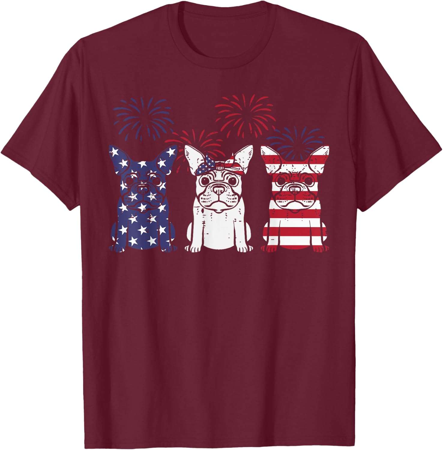 3 US Flag French Bulldogs 4th Of July Patriotic Frenchie Dog T-Shirt - T-Shirt | Maroon