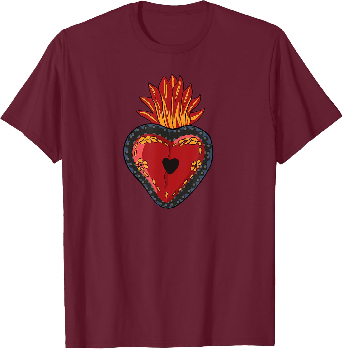 Flaming Sacred Heart Mexican Folk Art Corazon T-Shirt - T-Shirt | Maroon