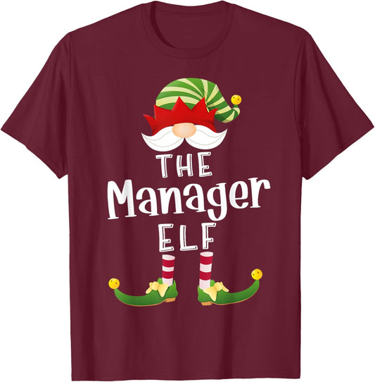 Manager Elf Group Christmas Funny Pajama Party T-Shirt - T-Shirt | Maroon