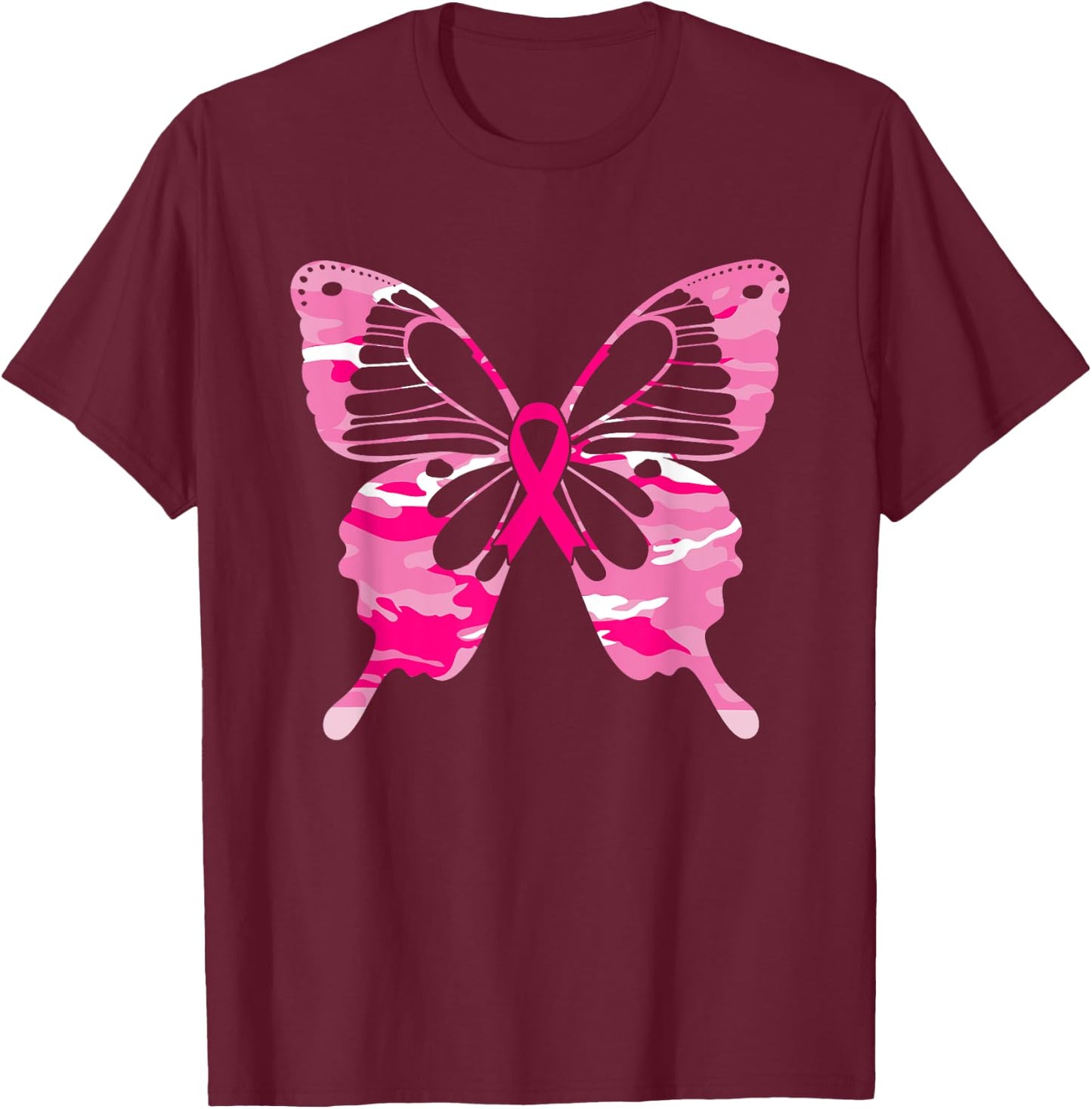 Camouflage Butterfly Pink Ribbon Breast Cancer Awareness T-Shirt - T-Shirt | Maroon