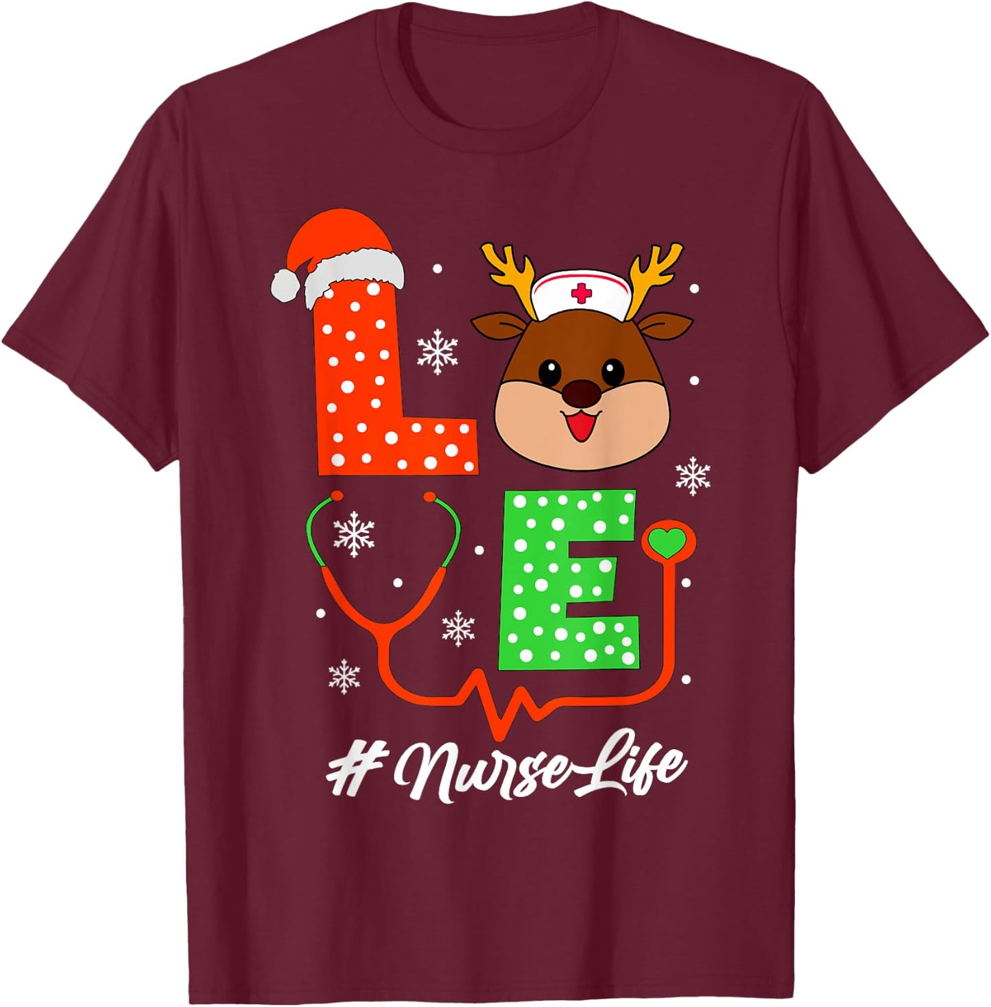 Christmas Nurse Scrub Tops Love Reindeer Nurse T-Shirt - T-Shirt | Maroon