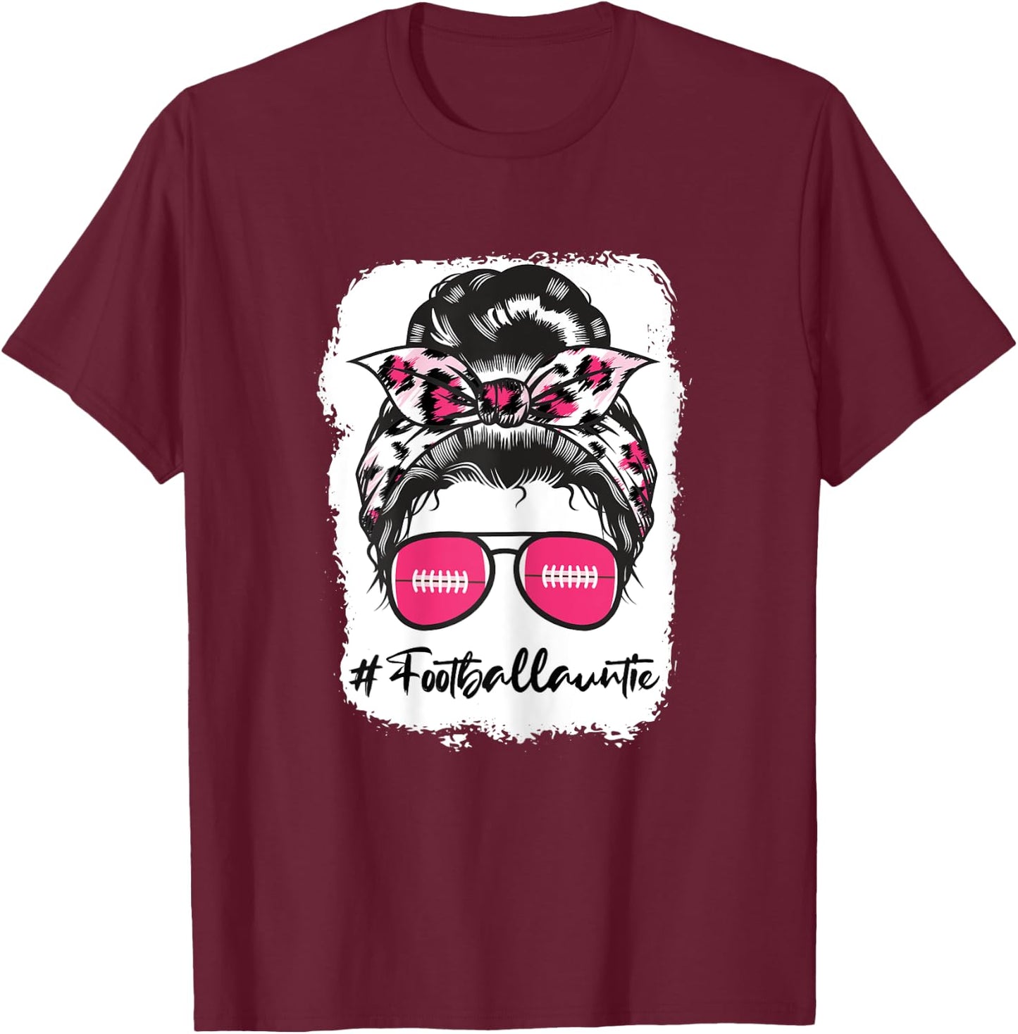 Bleached Football Auntie Pink Leopard Print Messy Bun T-Shirt - T-Shirt | Maroon