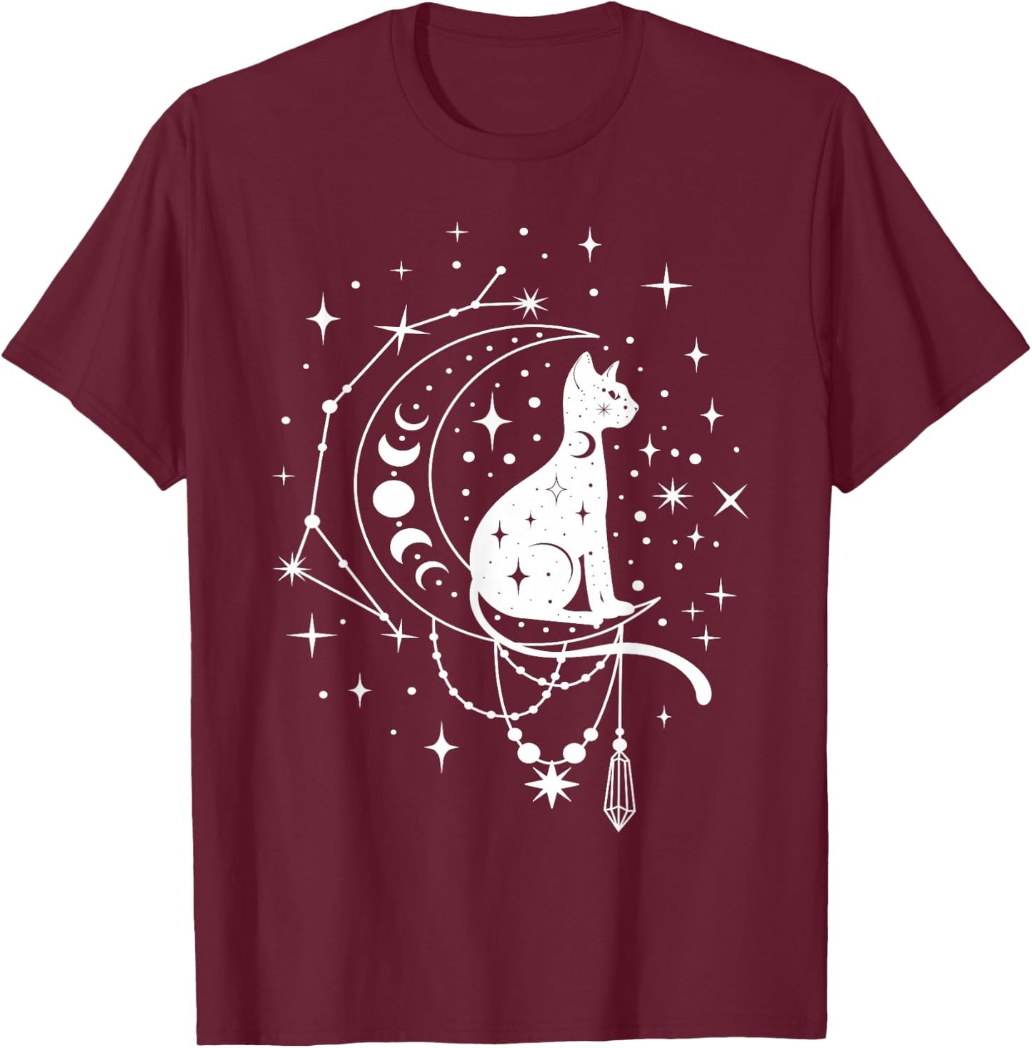 Celestial Cat, Crescent Moon, Star Constellation, Astrology T-Shirt - T-Shirt | Maroon
