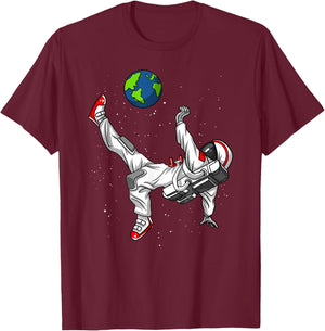 Space Astronaut Soccer Player Planet Earth Boys Men Kids T-Shirt - T-Shirt | Maroon