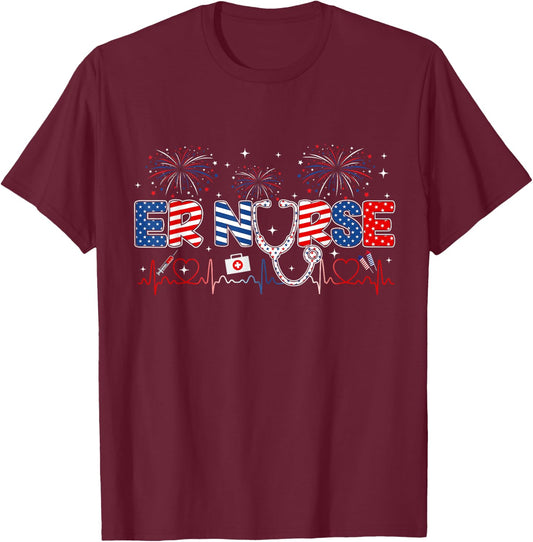 ER Nurse 4th of July American Flag Patriotic USA Stethoscope T-Shirt - T-Shirt | Maroon