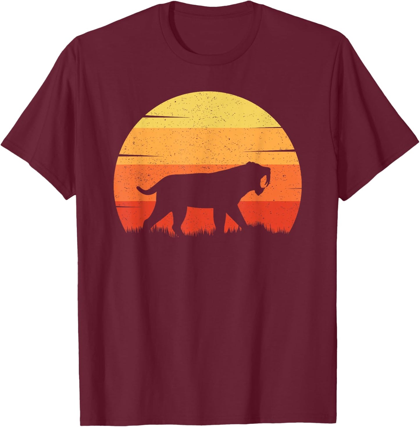 Gifts for Archaeologists & Paleontologists Co. Smilodon Prehistoric Saber-Tooth Tiger Mountain Sabertooth -Adults, -Kids Black Cotton 60%, Polyester 40% Short Sleeve T-Shirt - T-Shirt | Maroon